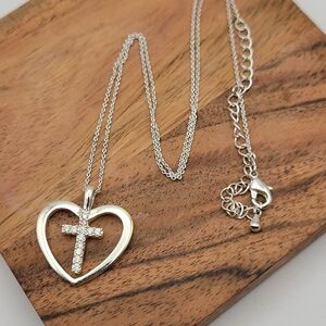 Silver Heart Pendant Necklace with Cross and Rhinestones 18"